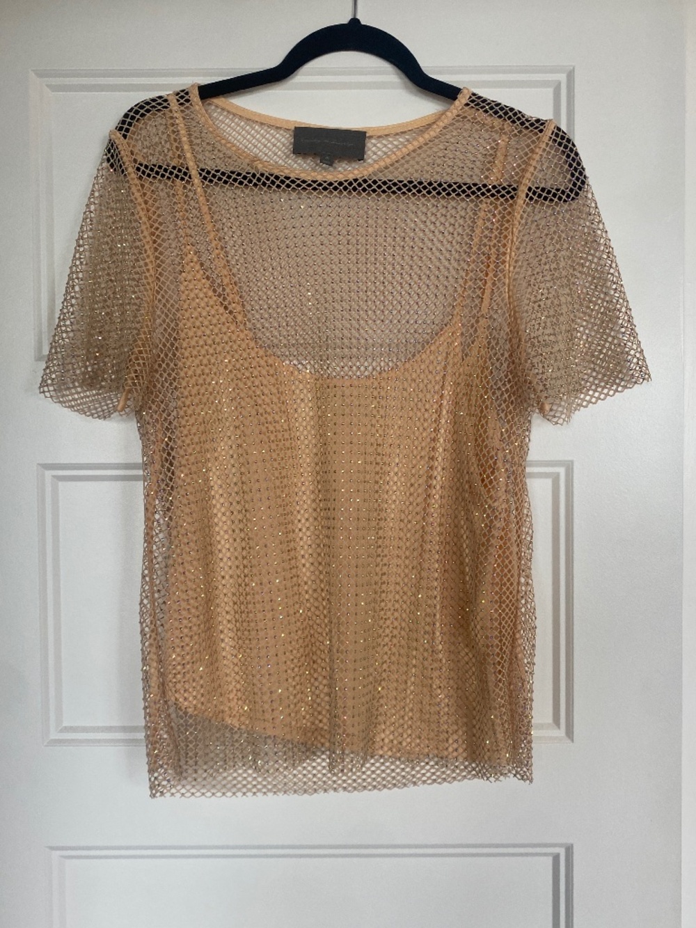Sunday in Brooklyn Anthropologie Rhinestone Mesh Gold Short Sleeve Top Medium